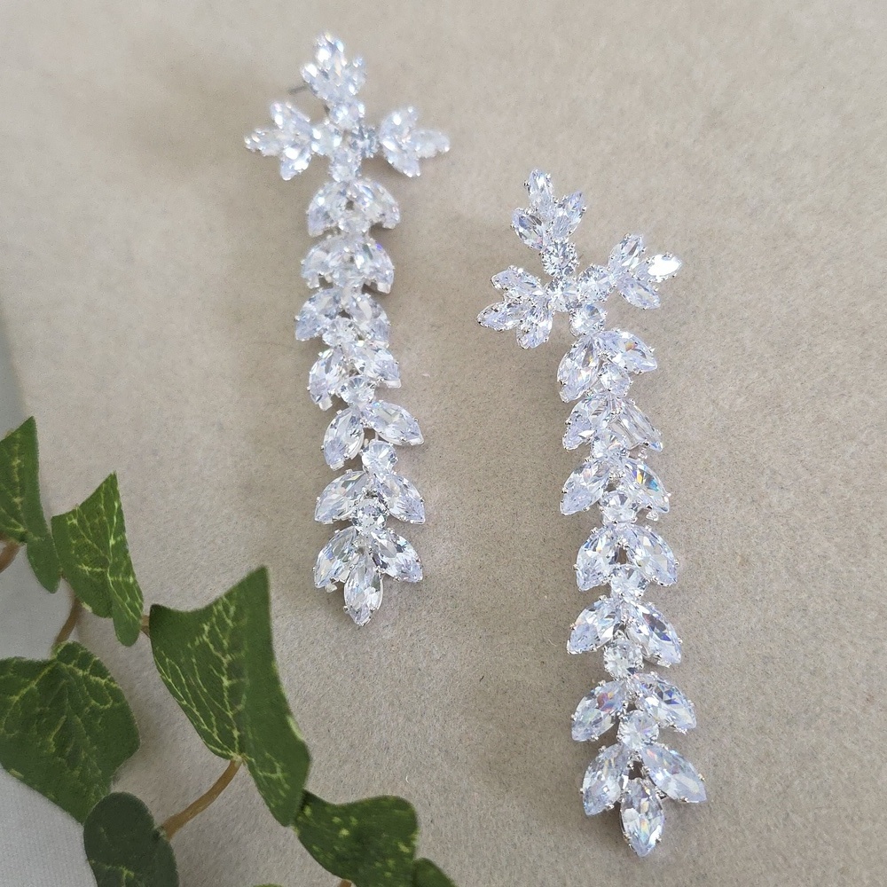 Silver Cubic Zirconia Long Statement Drop Earrings